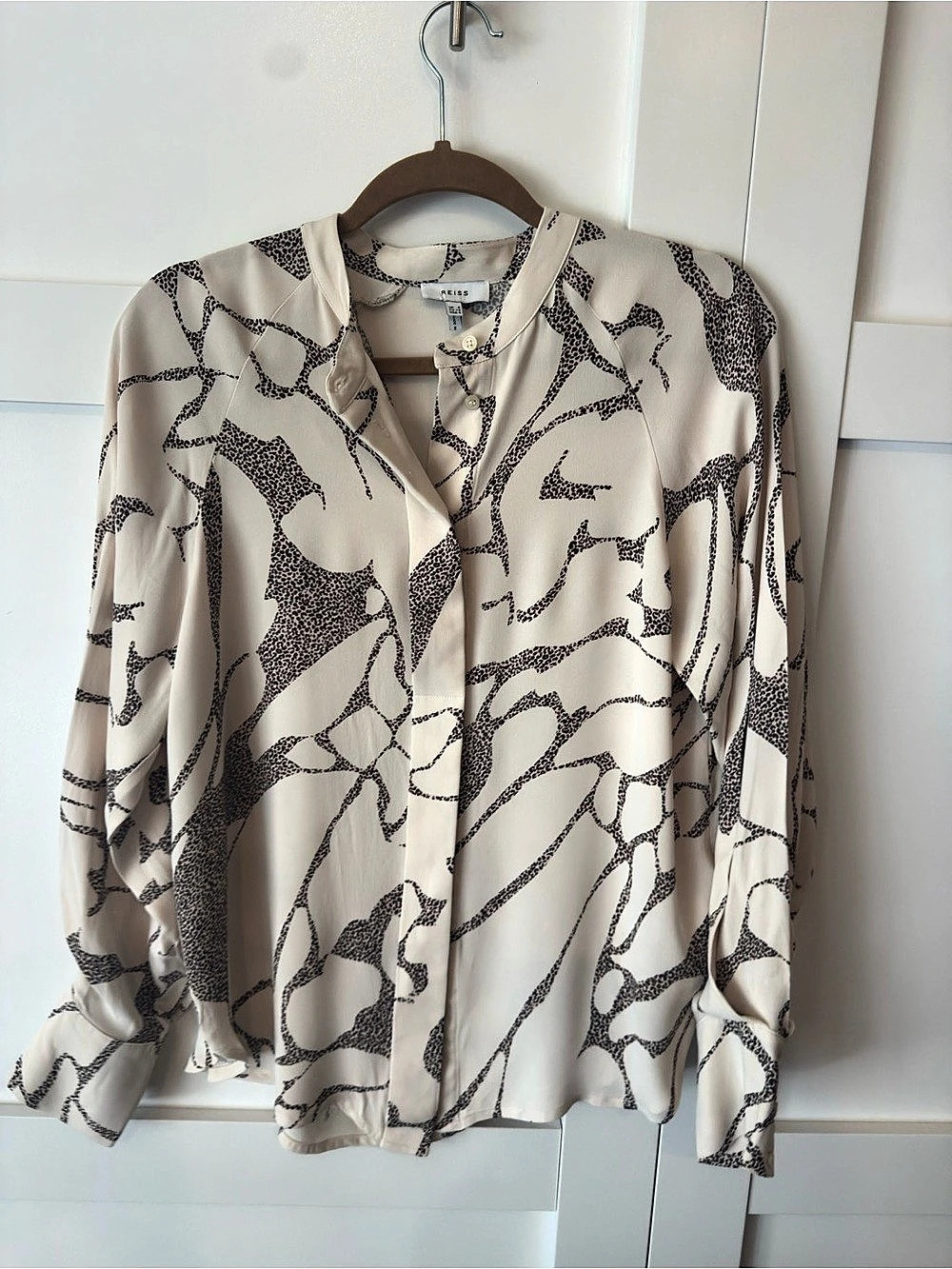 Reiss Animal Print Button Down Blouse in Cream & Brown Size US4